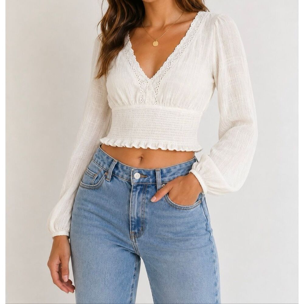 Aéropostale Cottagecore Peasant Crop Top White Lace Size Small